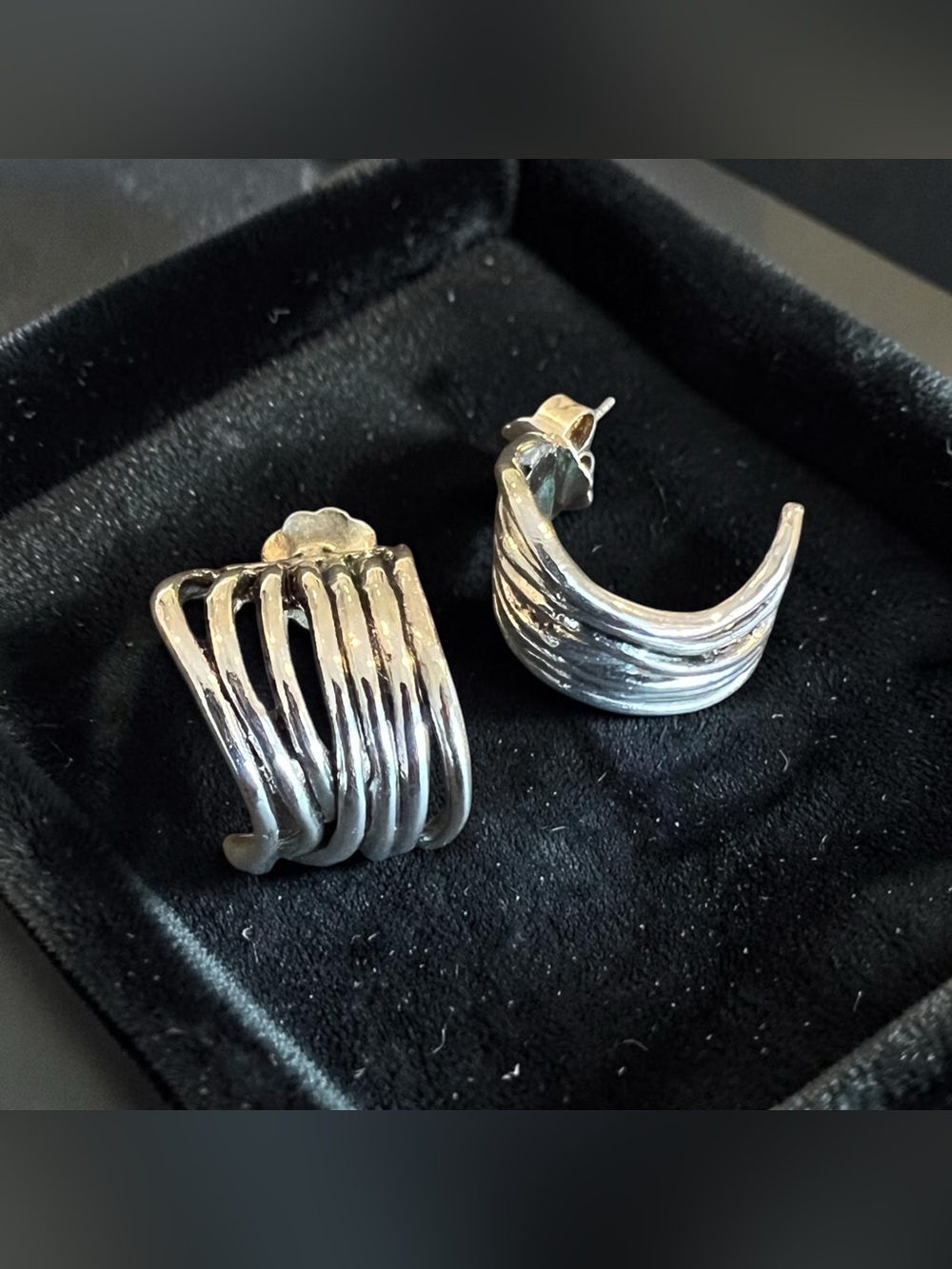 Unique Silver Tone Wide Half Hoop Earrings, Curved Openwork Bands 3/4" Wide